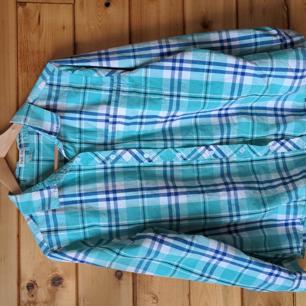 Per Se 1X men's button up mint & blue plaid cotton shirt, with long slee…
